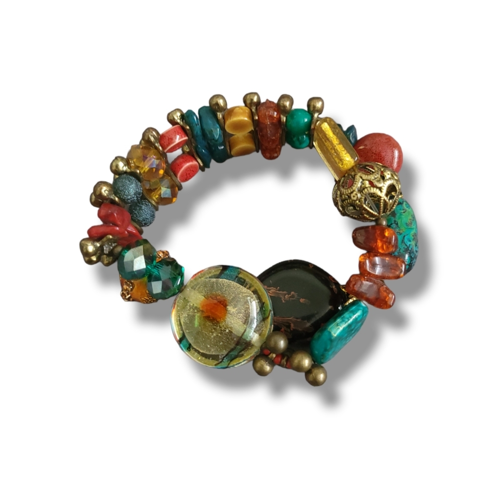EUC Colorful Gold Tone Multi-Media Stone Beaded Boho Bracelet